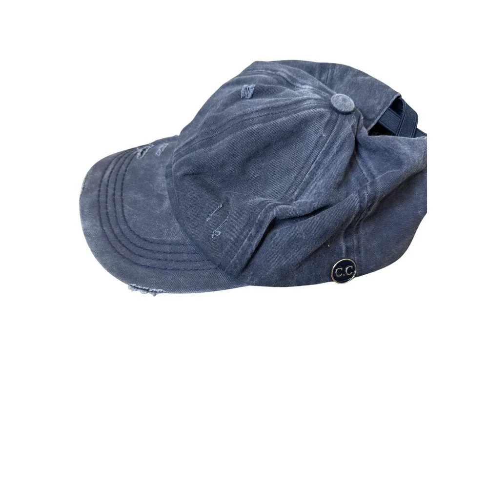 CC Exclusives Hat Cap Strap Back Womens Blue Distressed Ponytail Criss‎ Cross
